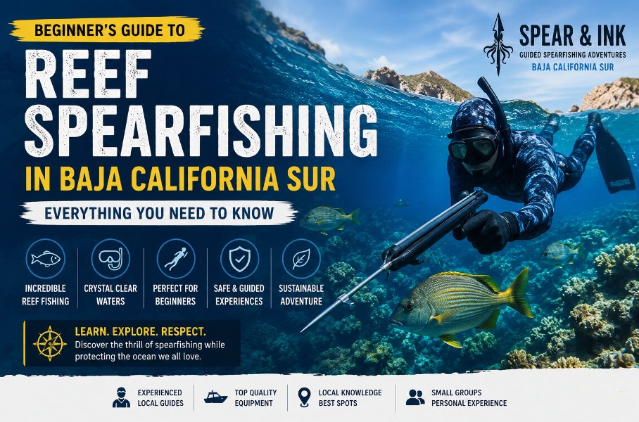 Beginner practicing Reef Spearfishing in the clear waters of Baja California Sur