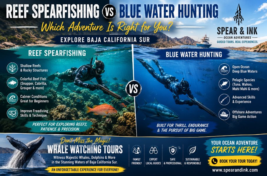 Blue water hunter diving in the open ocean near the Sea of Cortez.